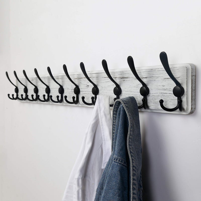 Dseap Coat Rack Wall - Heavy-Duty 38-1/4" Long, with Reinforced 10 Custom Tri-Hooks, Solid Wood Wall Hanger for Coats Hat Jackets - Rustic Farmhouse Entryway Hallway Storage, White & Black - Image 2